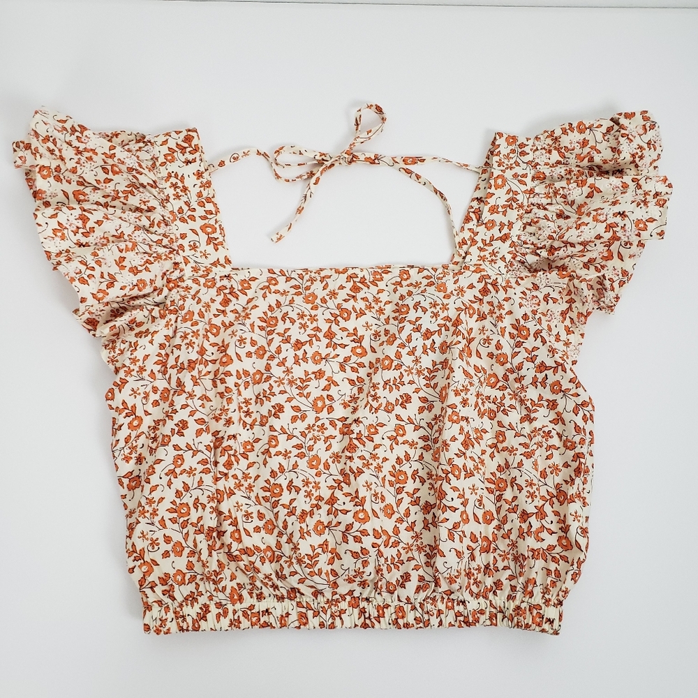Luna Moon Ditsy Floral Cropped Top Midriff Flowy Cap Eyelet Sleeve Size L Coquet